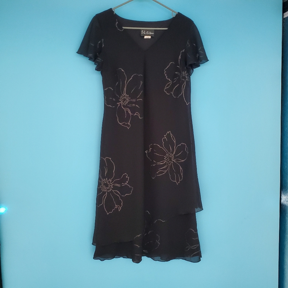 Vintage S.L. Fashions Dress Size 8 Black Glitter Flowers Short Sleeve